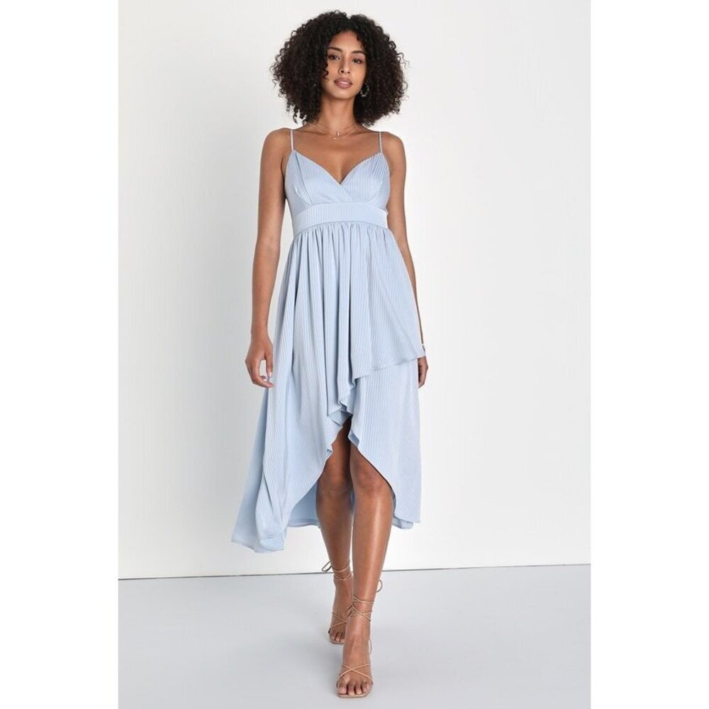 Lulus Beaming With Bliss Light Blue Striped Faux-wrap Midi Dress - Size S